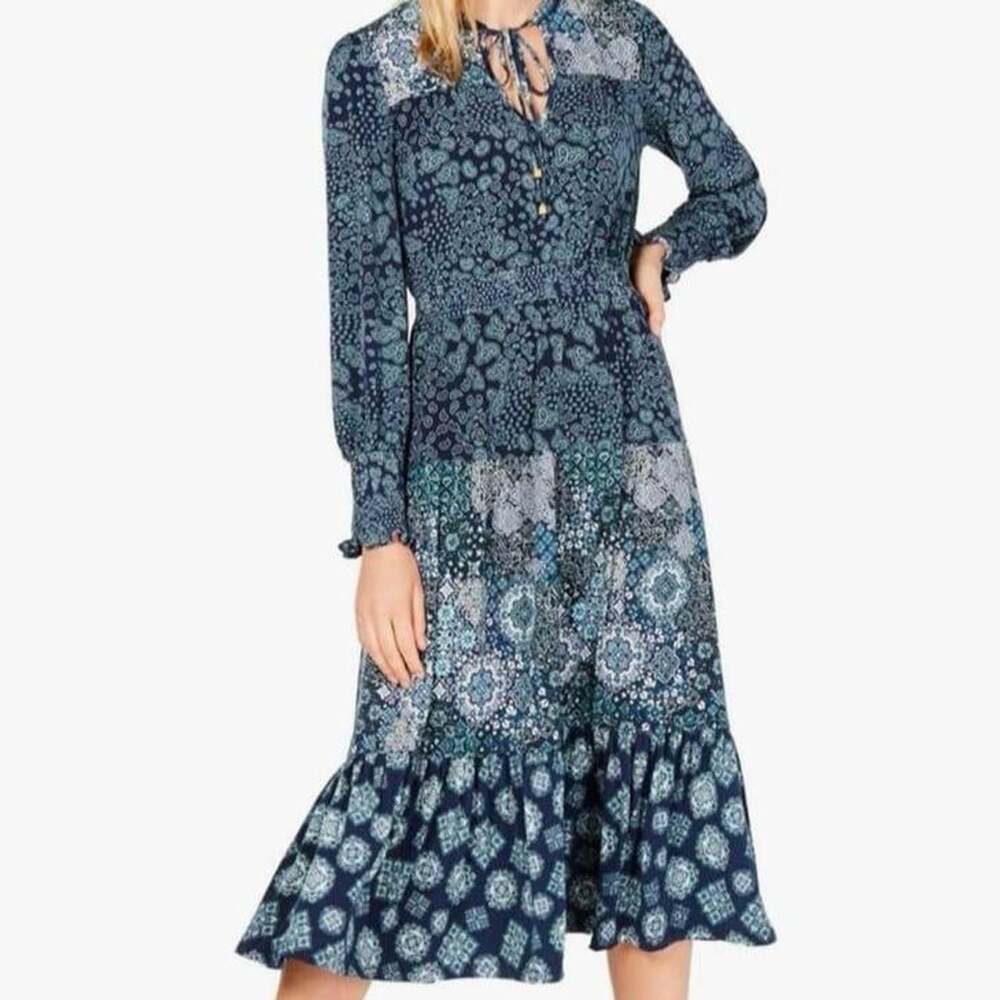 Boho Mixed Print Smocked Midi Dress, Navy Blue Paisley, Long Sleeve